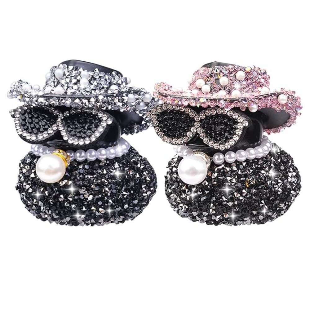 2 PCS - Rhinestone Rubber Duck Car Ornaments With Accessories, Glitter Ducks